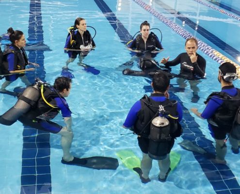 Alunos durante treinamento na piscina do curso de mergulho básico da Captain Dive.